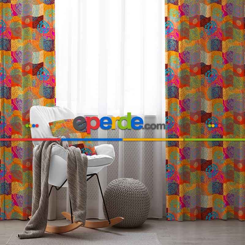 Etnik Desenli Fon Perde Evim K-209 Kumaşı Kalındır Duck Bezi Değildir