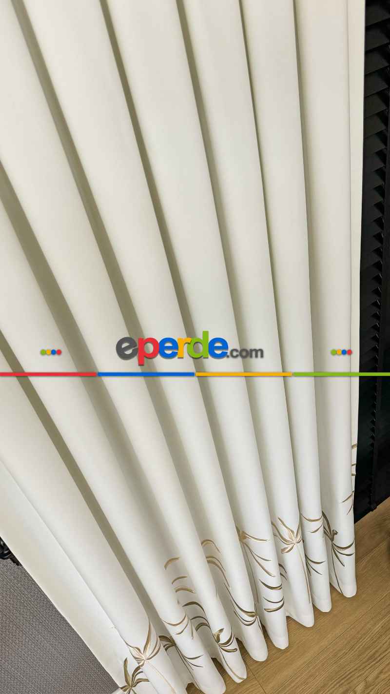 Ekru Gold Yaprak Desenli Pano Jakar Dokuma Nakışlı Fon Perde - Premium Seri Ağır Gramajlı