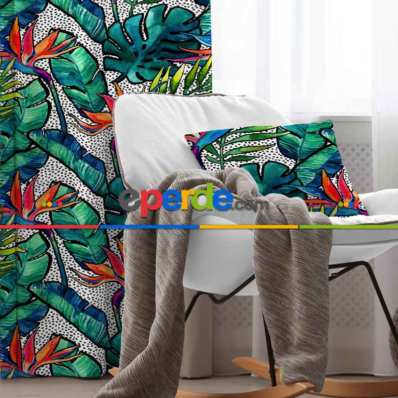 Tropik Desenli Fon Perde Evim588 Kumaşı Kalındır Duck Bezi Değildir- Mavi-beyaz