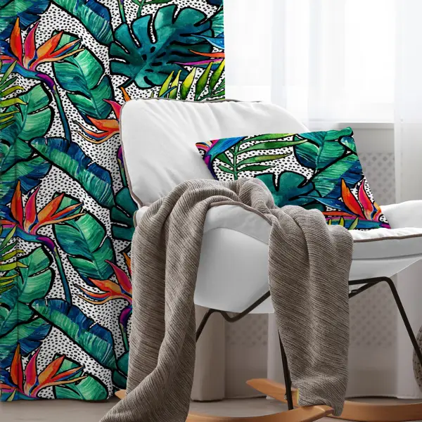 Tropik Desenli Fon Perde Evim588 Kumaşı Kalındır Duck Bezi Değildir- Mavi-beyaz