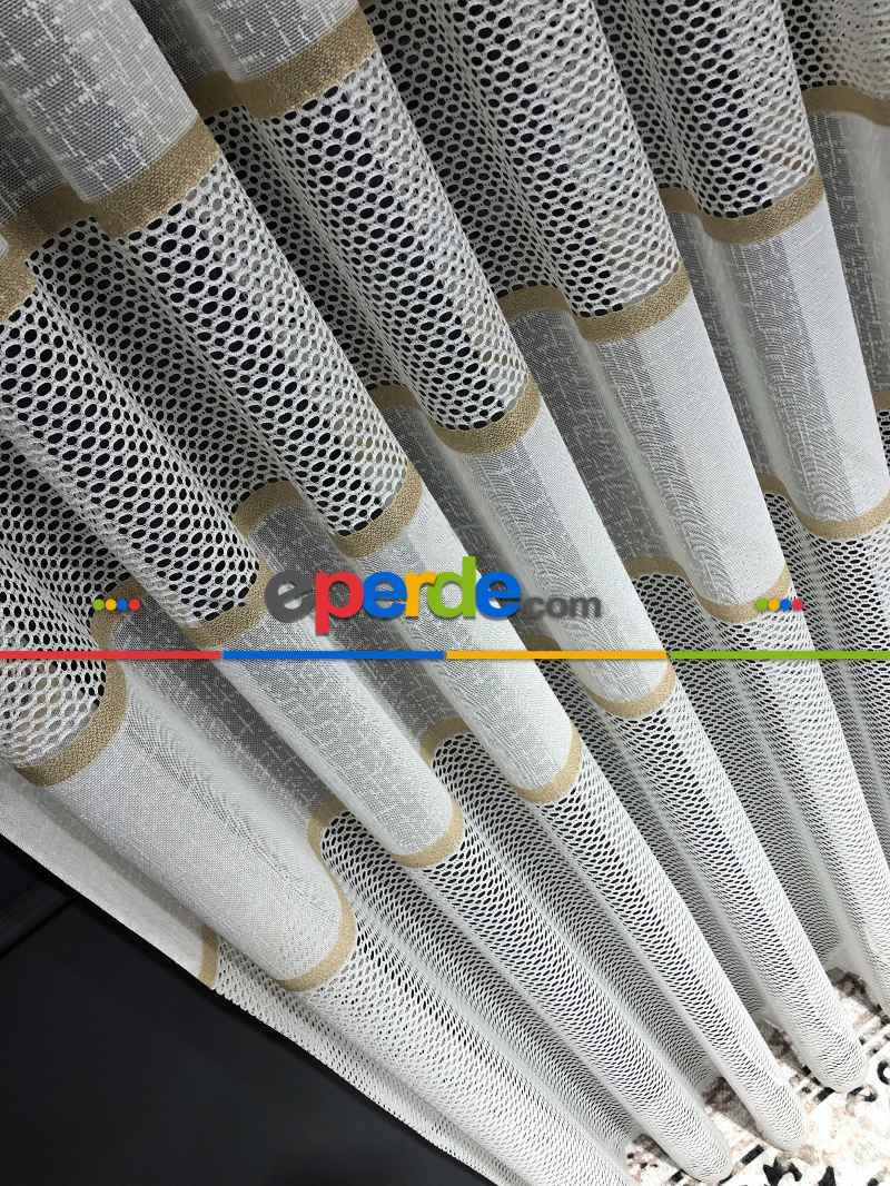 Altın Çizgili Tül Perde - Spor Desenli - Tül Perde - Örme Tül Perde - Ütü İstemeyen