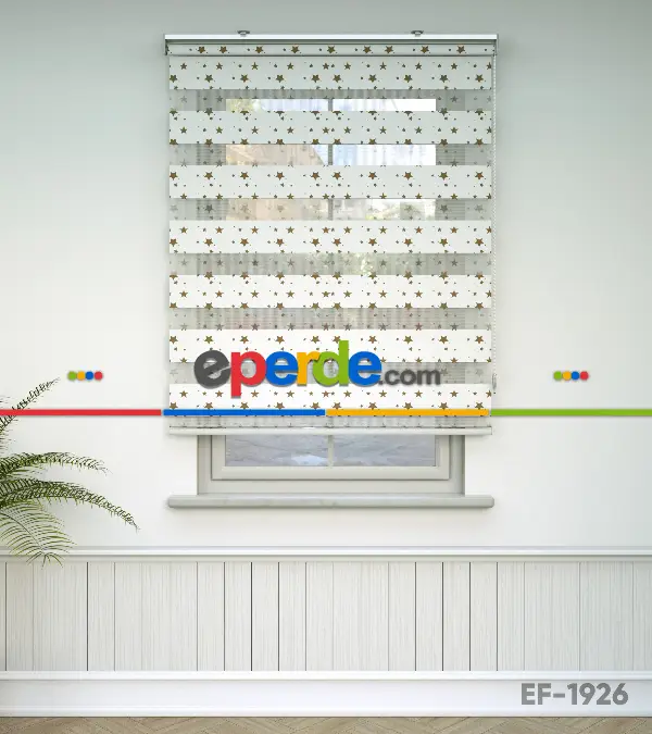 Çocuk Odası - Yıldız Desenli Baskılı Zebra Perde- Çok Renkli