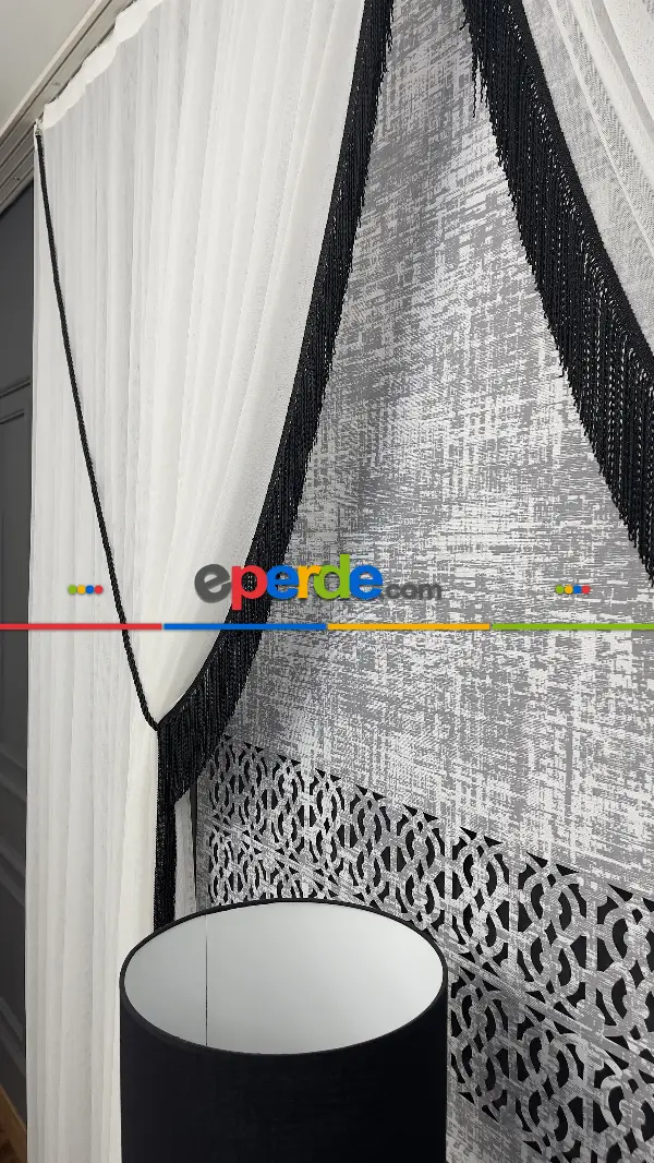 Siyah Saçak Detaylı Tül Fon Perde - Kordon Toplama