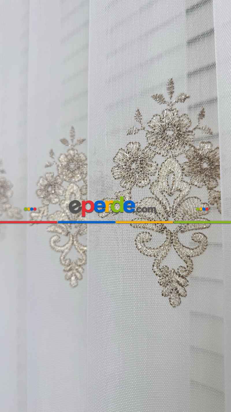 Ekru Altın Özel Dokuma, Özel İplik Brode İşlemeli Tül Perde - Ağır Gramajlı Premium Nakışlı