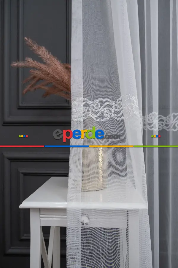 Hafif Keten Zemin Etek Ucu Desenli Tül Perde - Ütü İstemez - Ekru Kırık Beyaz Açık Krem - Modern Bantlı