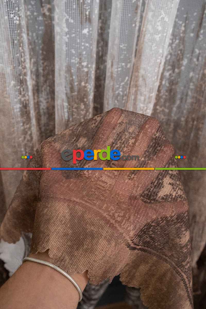 Modern Koyu Kahverengi Desenli Degrade Geçişli Örme Tül Perde Yüksek Kalite