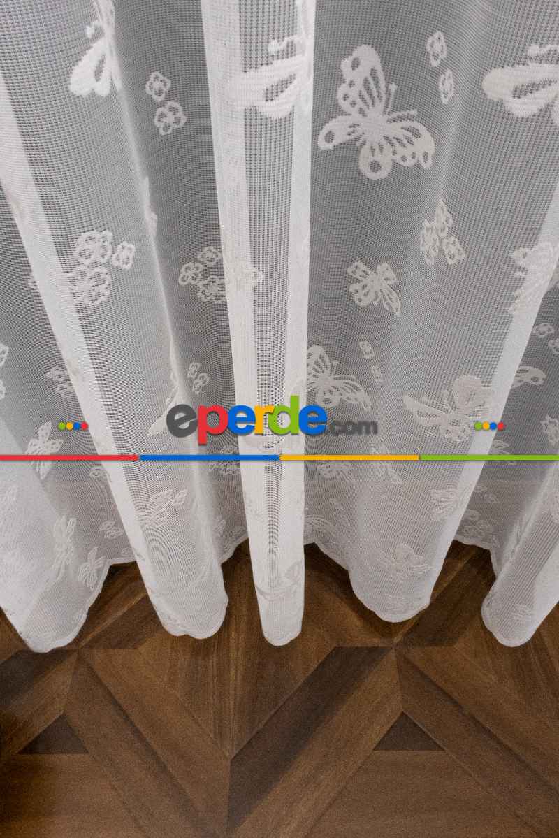 Kelebek Desenli Ekru Renkli Kız Çocuk Odası İçin Tül Perde