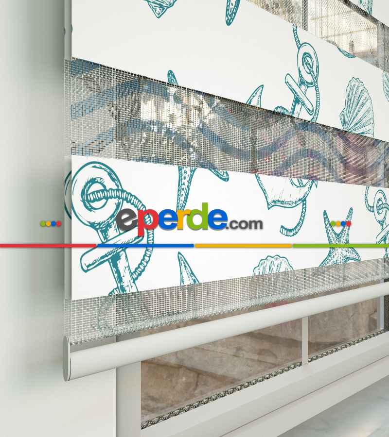 Çocuk Odası Zebra Perde - Gemivi Baskılı Zebra Perde- Beyaz-Turkuaz-Su Yeşili