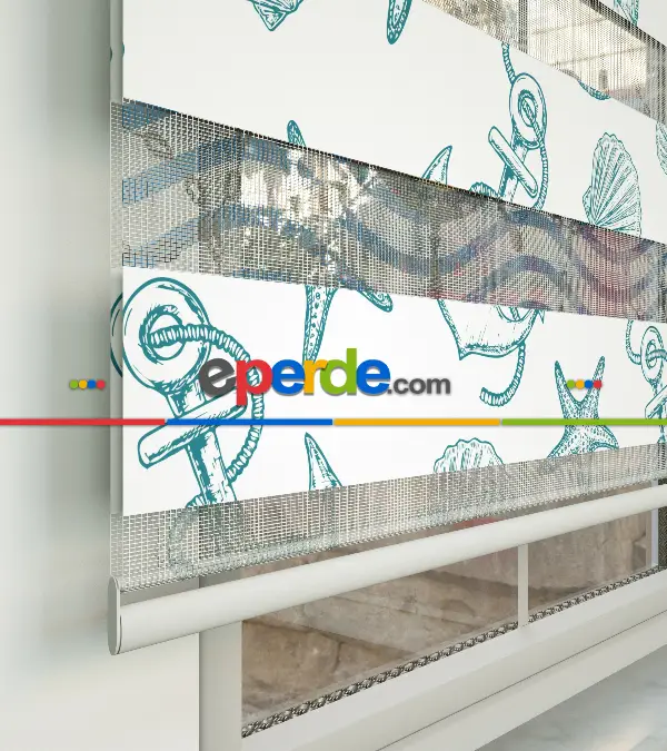 Bebek Odası Zebra Perde - Gemici Baskılı Zebra Perde- Beyaz-Turkuaz-Su Yeşili