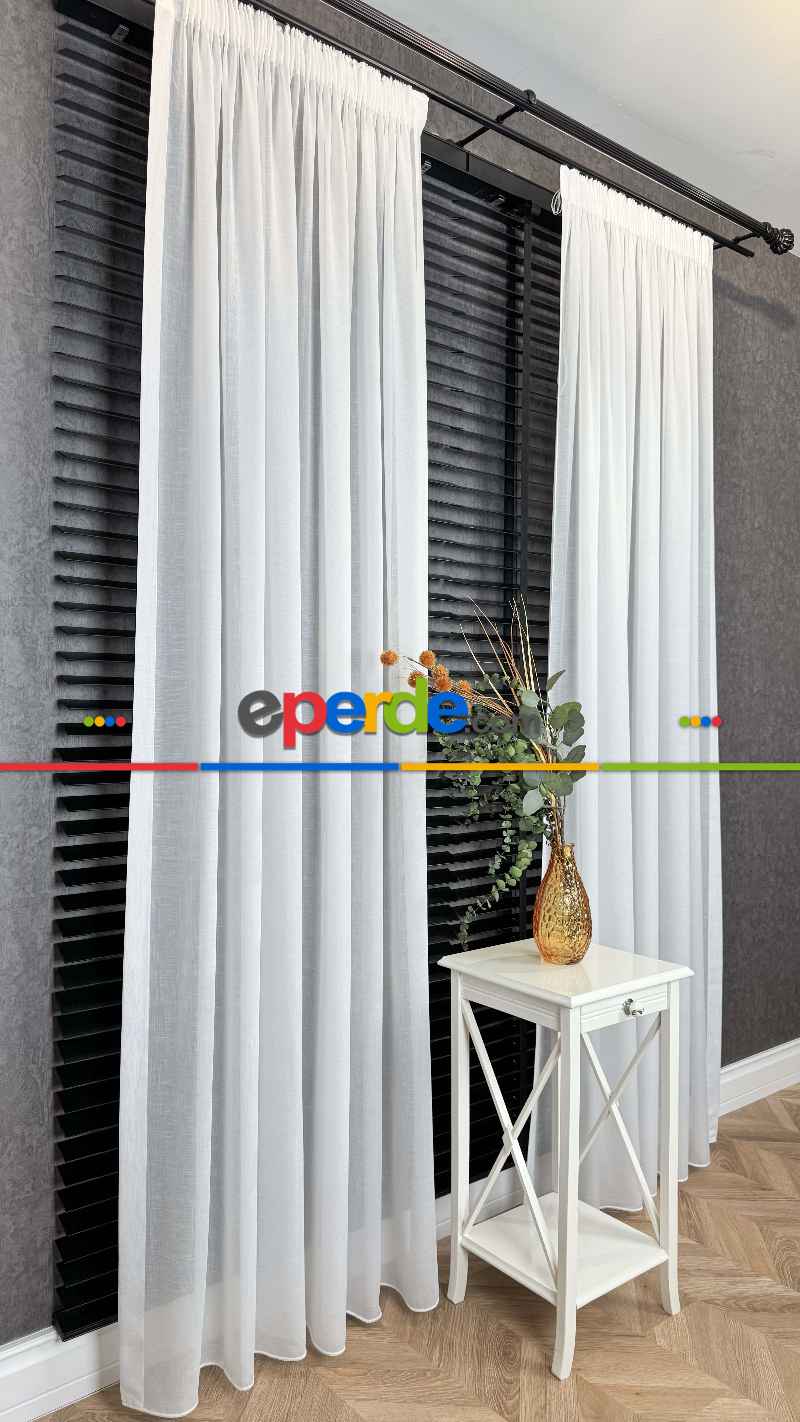 Salon - Beyaz, Büzgülü Ekstraforlu, Tül Perde