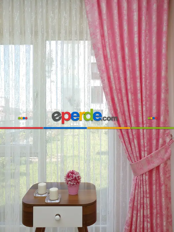 Patinedesenli Pembe - Katyonik Jakar Fon Perde- Pembe