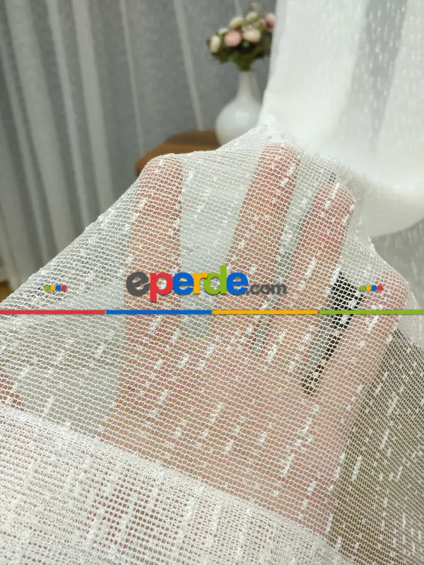 Ekru Renk Şantuk Keten Örme Tül Perde ( Etek Katlamalı )- Ekru