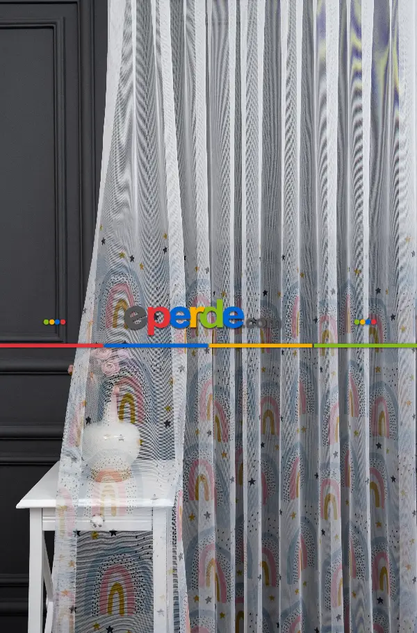 Kız Çocuk Odası Tül Perde - Mavi Pembe Renkli Gökkuşağı Desenli Tül Perde