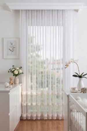 Bambu Zemin, Etek Püsküllü Tül Perde, Bambu Doğal Dokulu, Ekru