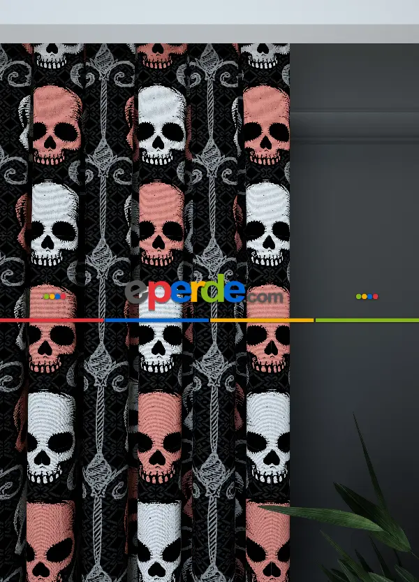 Dökümlü Kumaştan Geniş En Kuru Kafa Desenli Fon Perde 1. Kalite