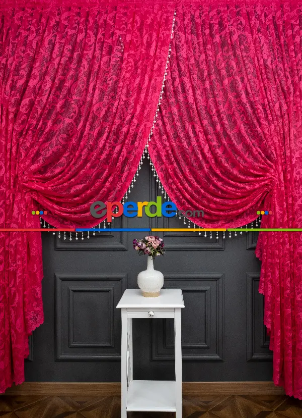 Fuşya Pembe Sarmaşık Desen Şal Model Tül Kruvaze Yanki Tül