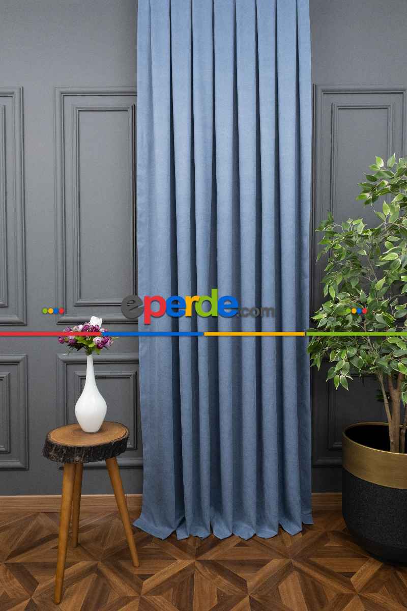 Bebek Odası - Mavi Rengi Düz Fon Perde Dökümlü Fon Perde