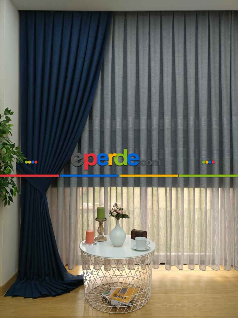 Keten Lacivert Renk Düz Fon Perde- Lacivert