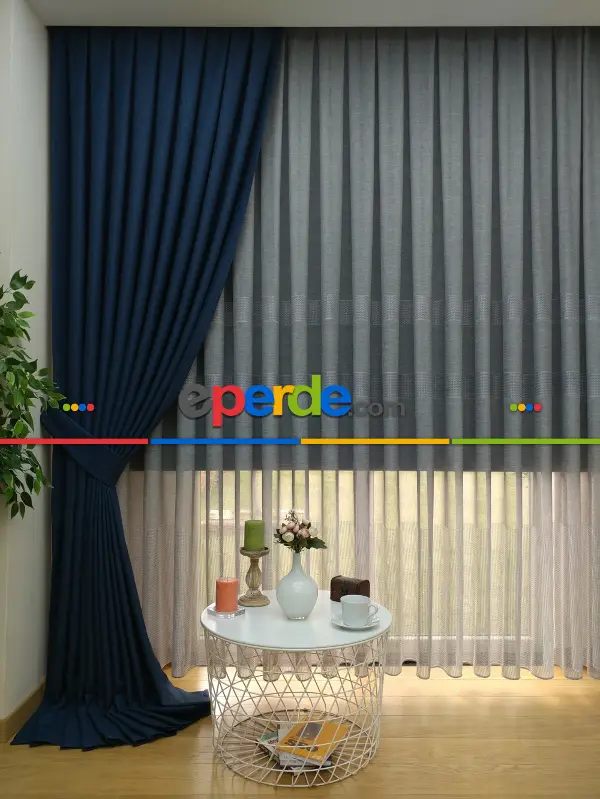 Salon Fon - Keten Lacivert Renk Düz Fon Perde- Lacivert