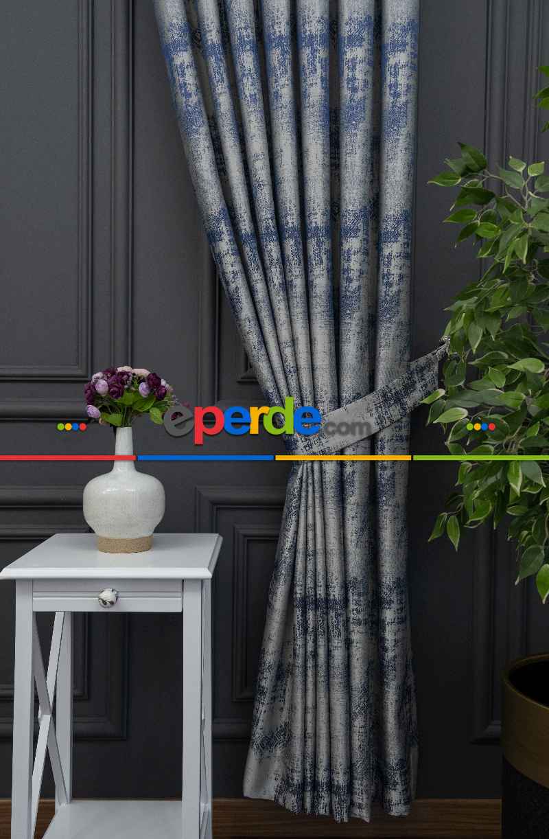 Oturma Odası - PatineDesenli Mavi Gri - Jakar Fon Perde