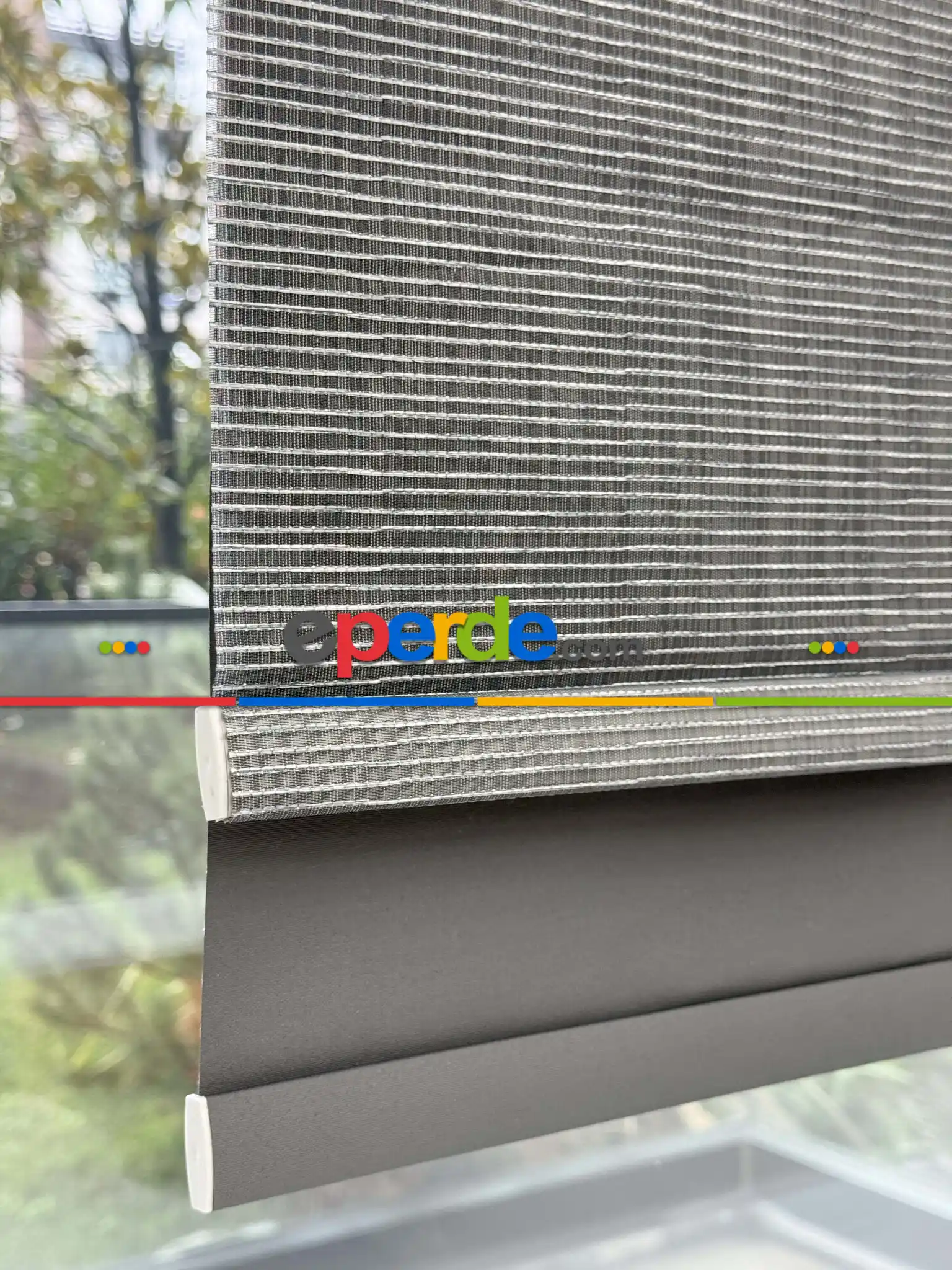 Koyu Gri Çiftli Sistem Tül Stor Perde, Standart Metal Kasalı Yüksek Kalite Kornişe Kolay Montaj Seçenekli