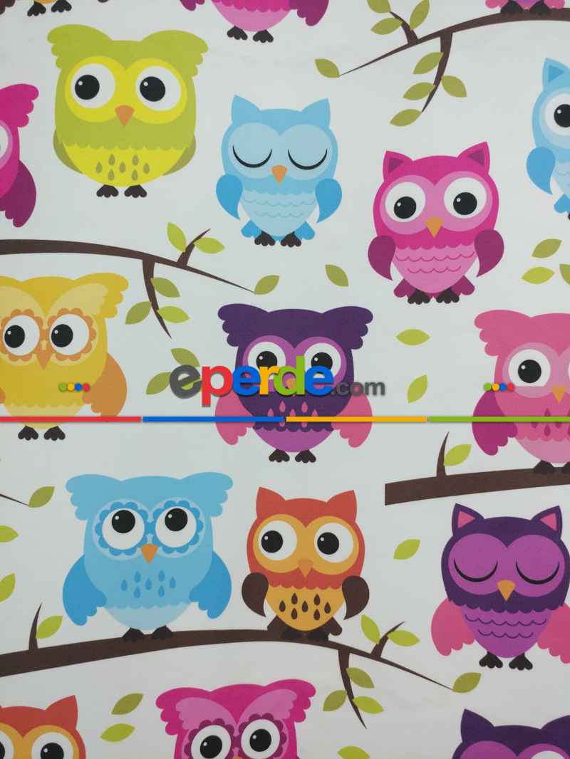 Baykuş Desenli Bebek Ve Çocuk Odası Fon Perde Modelleri- Mavi-Beyaz-Mor