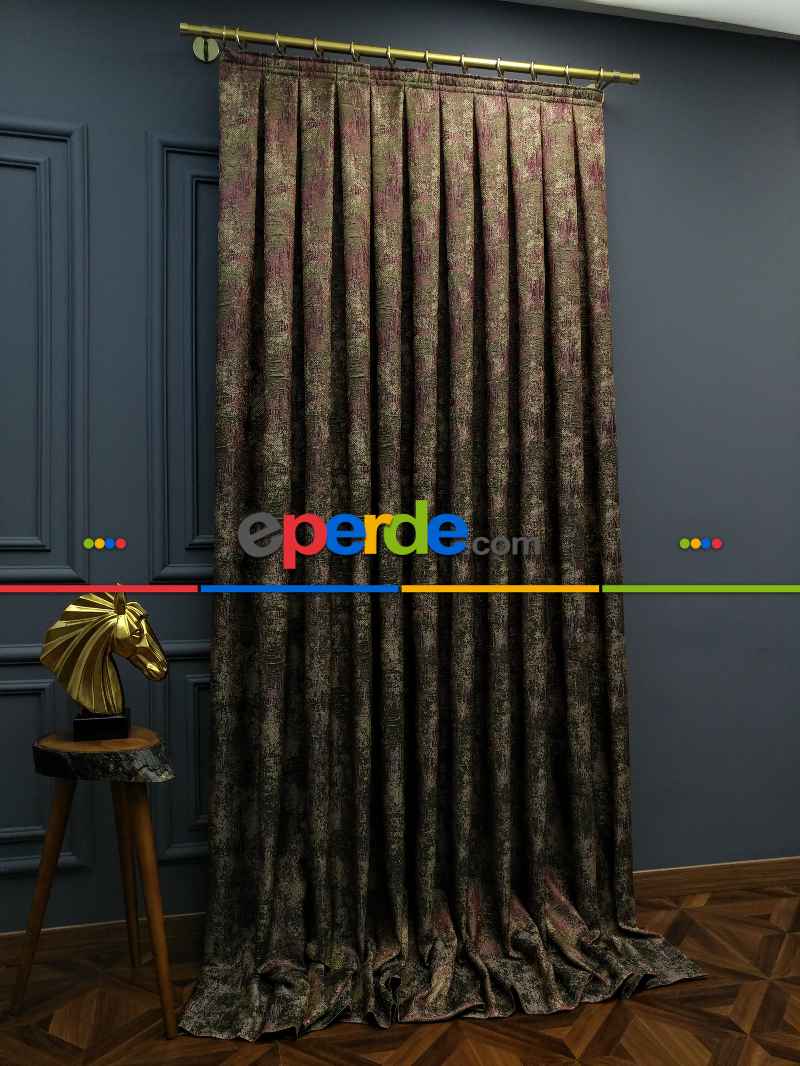 Oturma Odası - PatineDesenli Modern Desenli Jakarlı Fon Perde Yeni Seri 401- Bej-haki-mürdüm