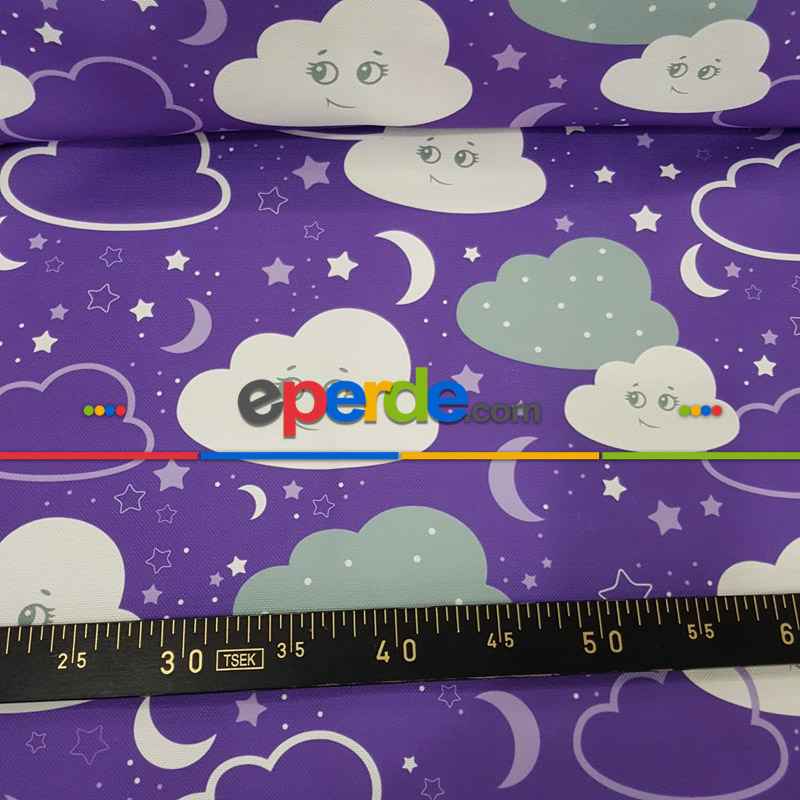 Bulut Desenli Fon Perde Evm683-3 Kumaşı Kalındır Duck Bezi Değildir- Beyaz-Mor-Lila Koyu Lila