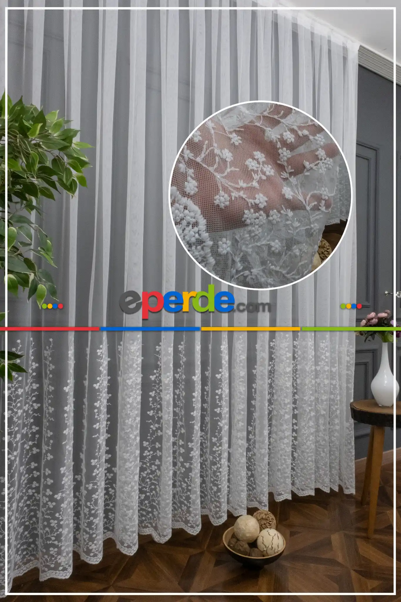 Etek Geniş Desenli Papatya Tasarımlı Tül Perde