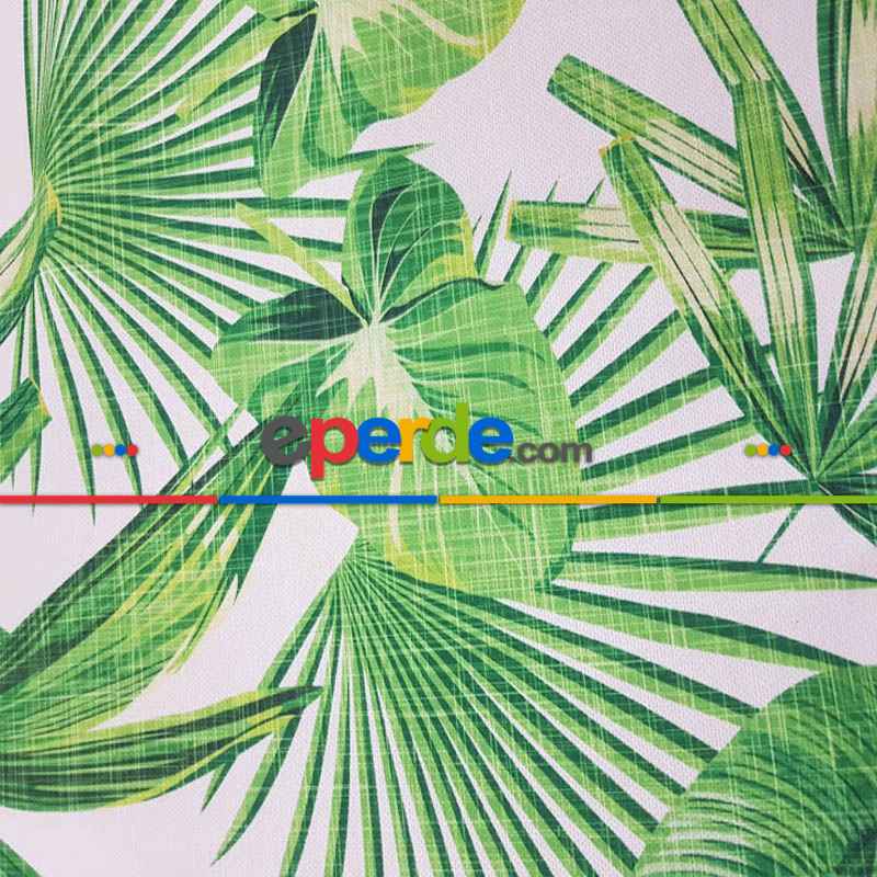 Tropikal Yaprak Desenli Fon Perde Evm1123 Kumaşı Kalındır Duck Bezi Değildir- Yeşil-Beyaz