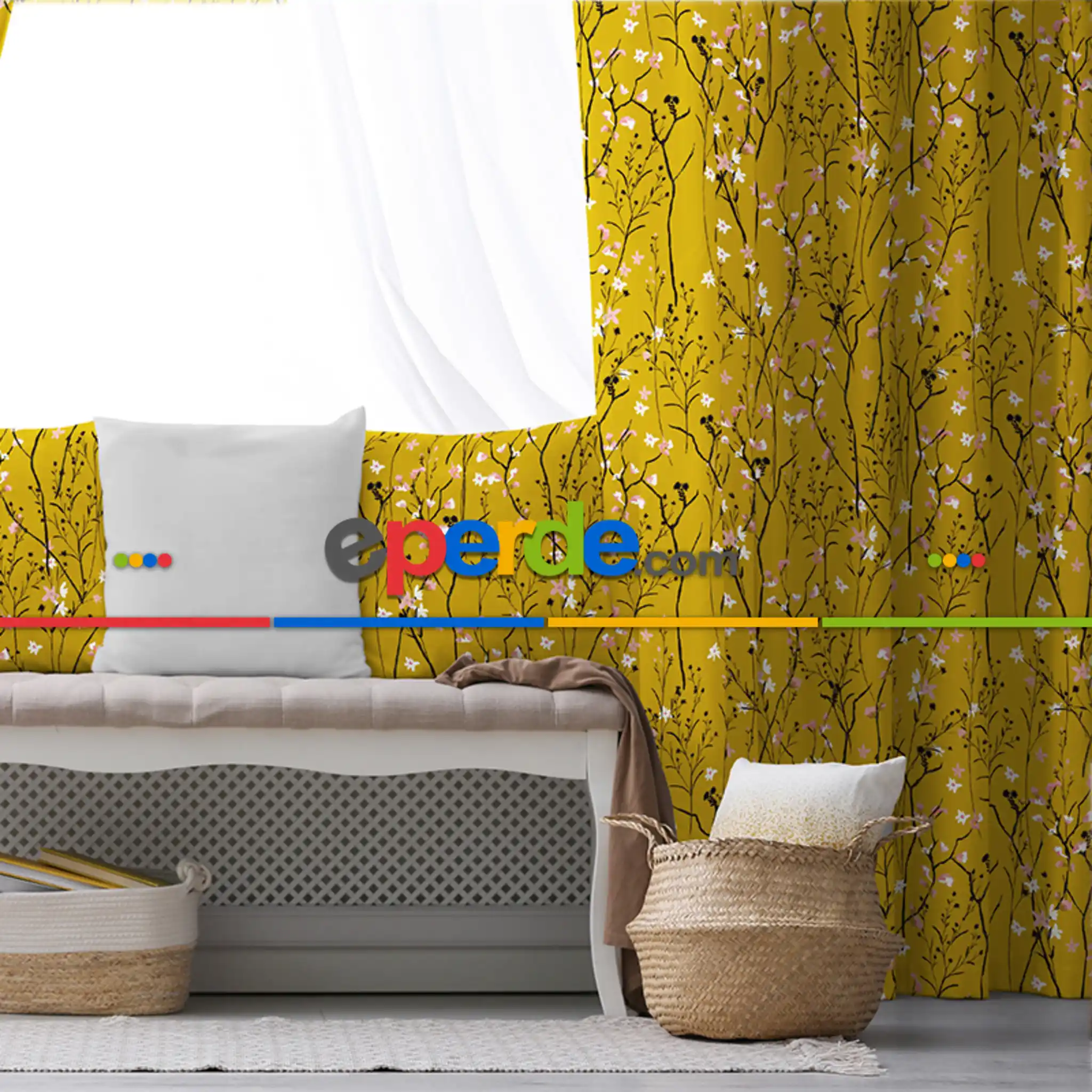 Etnik Fon Perde Evim1526 Kumaşı Kalındır Duck Bezi Değildir- Mavi-beyaz