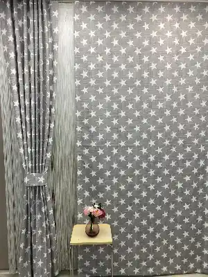 Bebek Odası Fon Perde - Keten Görünümlü Yıldız Fon Perde- Gri Açık