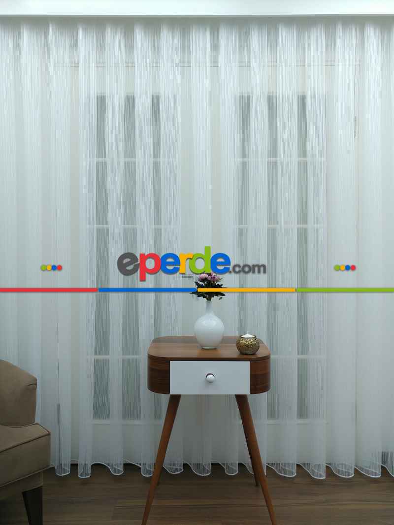 Mutfak - Ekru - Boyuna Çizgili İp Tül Perde- Ekru - Kurşunlu Tül