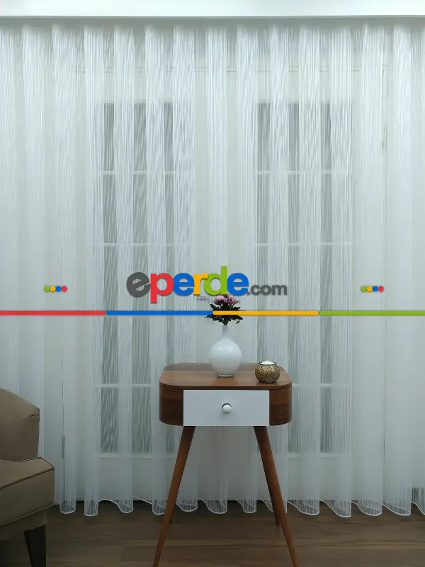 Mutfak - Ekru - Boyuna Çizgili İp Tül Perde- Ekru - Kurşunlu Tül