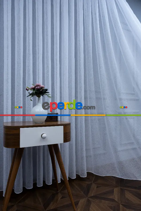 Oturma Odası - Beyaz Keten Tül Perde - 1710-v01- Beyaz