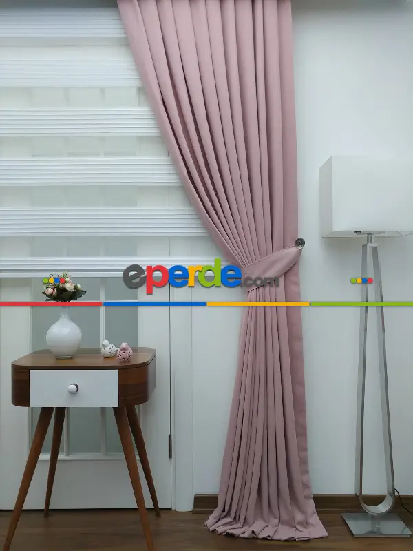 Salon Fon Perde - Pudra Pembe -gül Kurusu - Düz Fon Perde (300cm 1.kalite Dökümlü Fon Perde)- Pembe Pudra Pembe