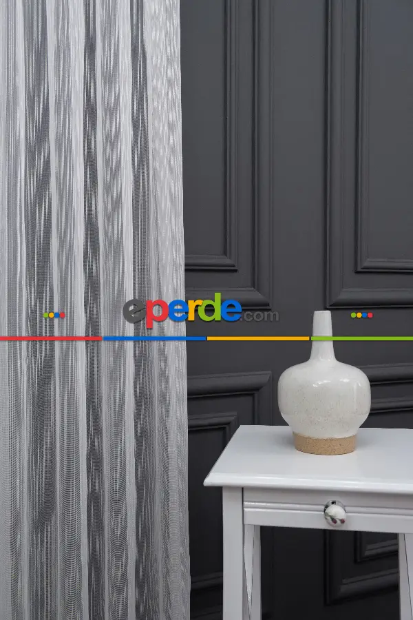 Salon - Düz Simli Düz Tül Perde - Ekru