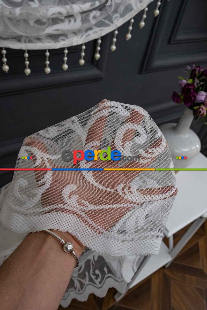 Beyaz Tül Perde - Sarmaşık Şal Desenli Tül - Kruvaze Model Yanki Tül Perde - Düz Model Seçeneği Var - Örme Tül