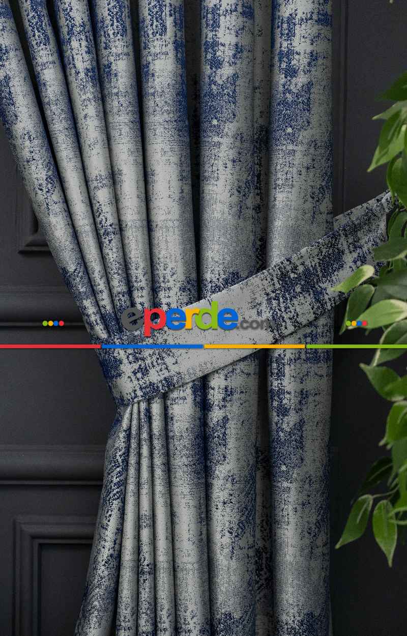Oturma Odası - PatineDesenli Mavi Gri - Jakar Fon Perde
