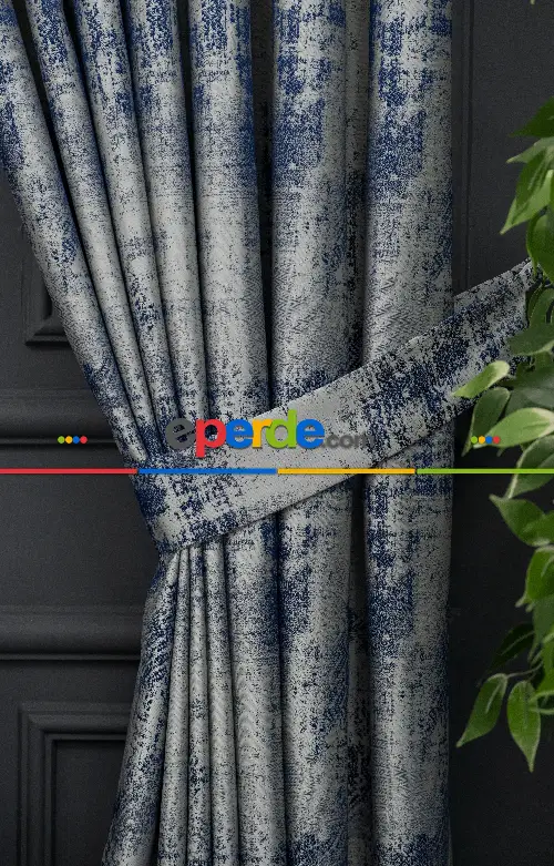 Patinedesenli Mavi Gri - Jakar Fon Perde