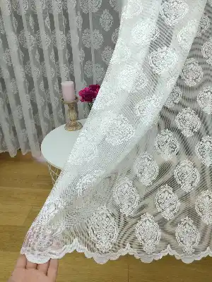( Orjinal ) Damask Desen Salon Fransız Dantel Tül Perde & Kruvaze Perde- Ekru