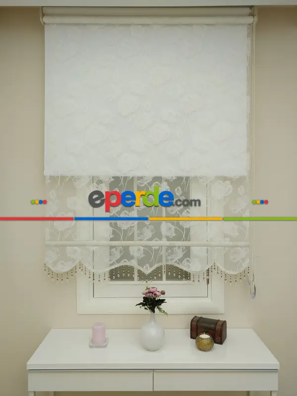 Çiftli Sistem Tül Ve Stor Perde - Lale Desen- Krem Açık-ekru