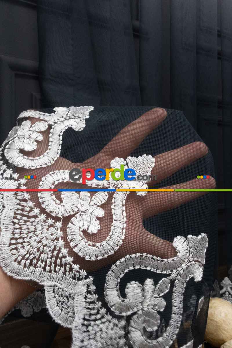 Antrasit Gri Renk Geçişli Etek Nakışlı Degrade Tasarım Tül Perde