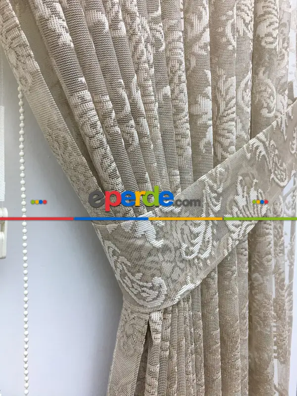 Dantel Damask Desen Tül Fon Perde - Bej- Bej