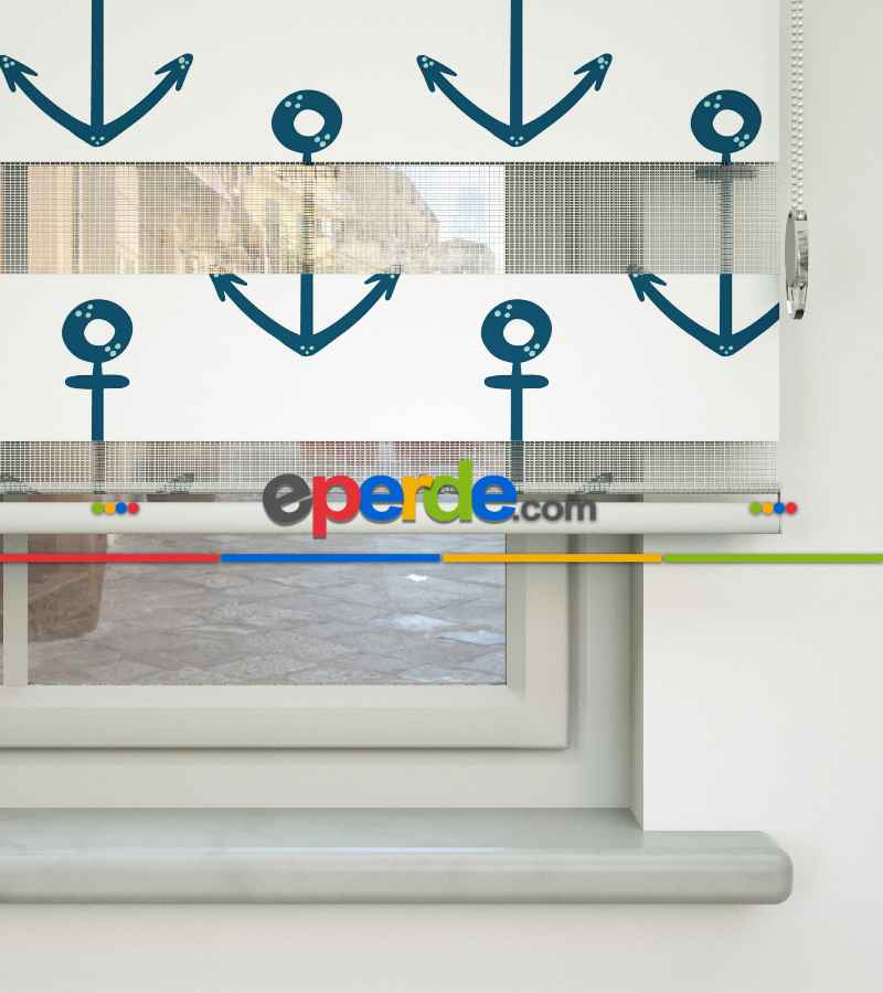 Çapa Desen Baskılı Zebra Perde- Yeşil-mavi