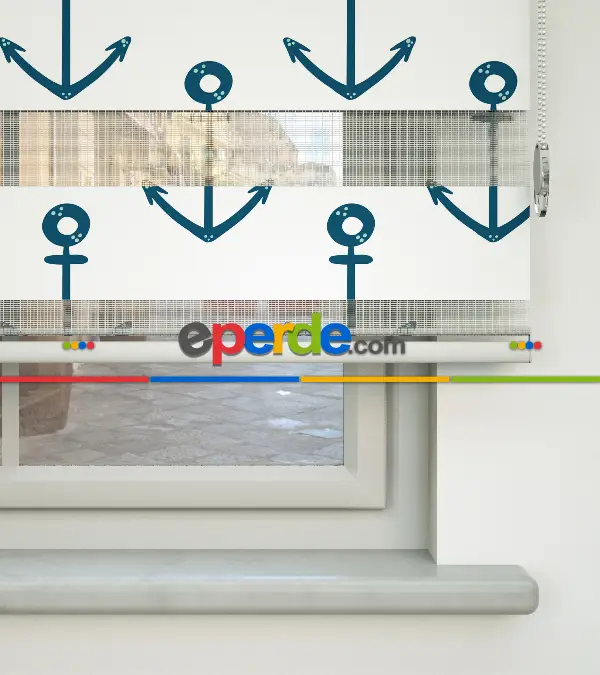 Bebek Odası Zebra Perde - Çapa Desen Baskılı Zebra Perde- Yeşil-Mavi