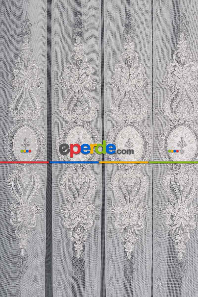 Salon Tül Modelleri - Avangart Ekru-gri Nakış İşlemeli Tül Perde