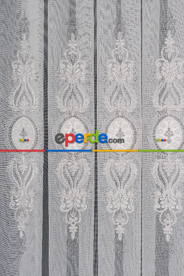 Salon Tül Modelleri - Avangart Ekru-gri Nakış İşlemeli Tül Perde