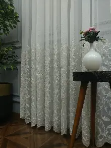 Salon Eteği Duble Nakış İşlemeli Tül Perde Ikon 2021- Krem-Krem Açık