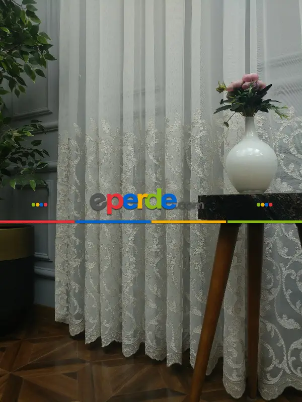 Salon Eteği Duble Nakış İşlemeli Tül Perde Ikon 2021- Krem-Krem Açık